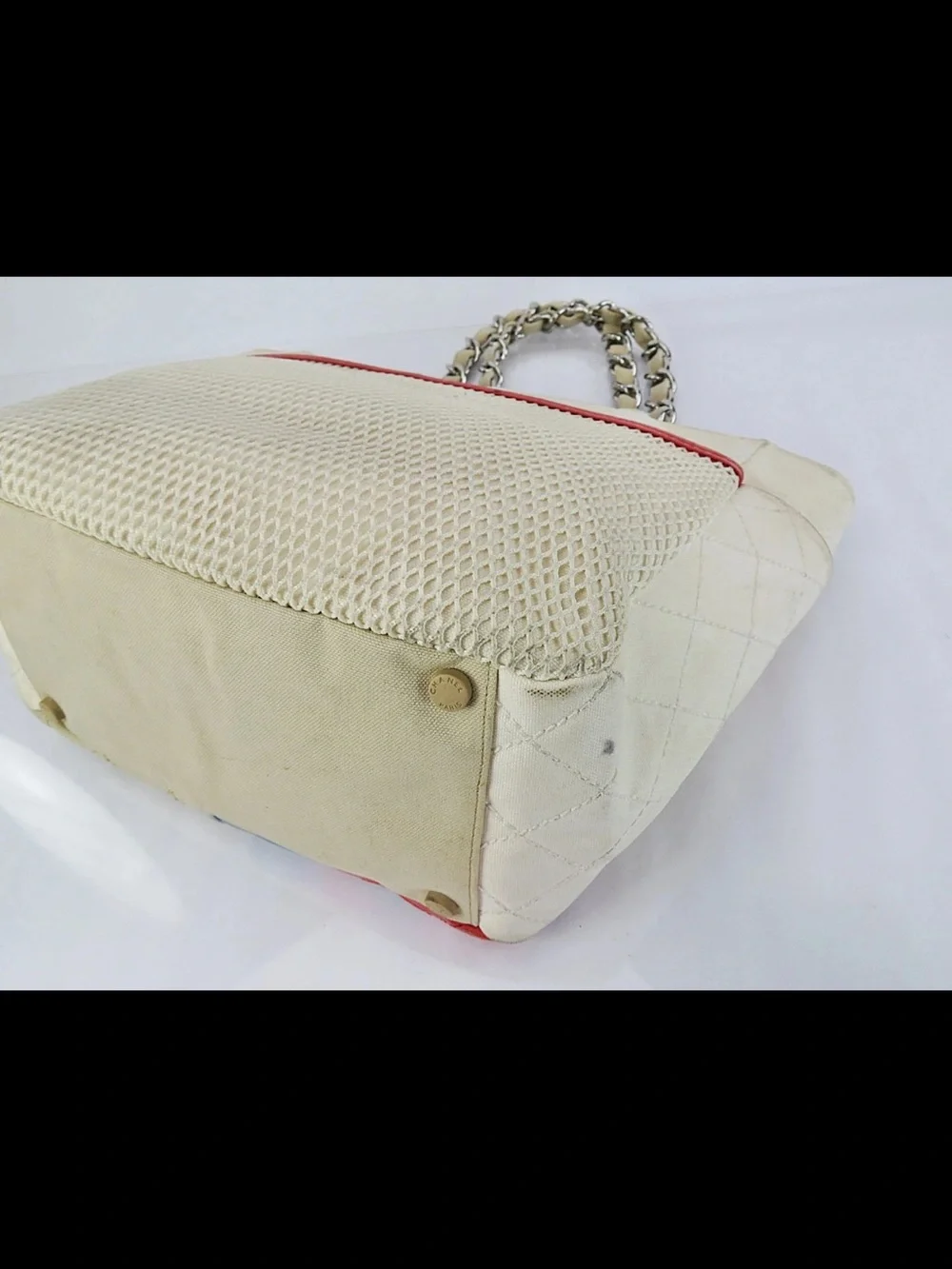 CHANEL Beige Quilted Leather Tote with Blue and Coral Trim
